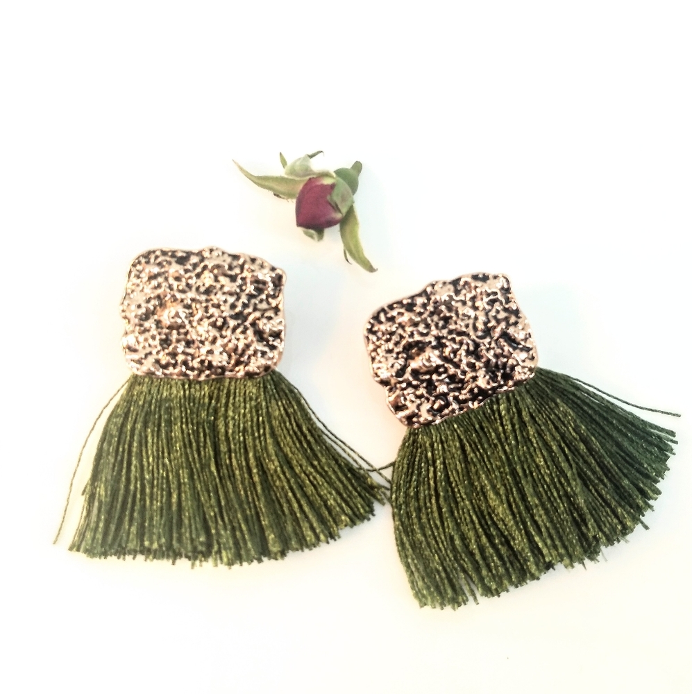 ROSE GOLD Crinkled Metal and Green Tassle Earings